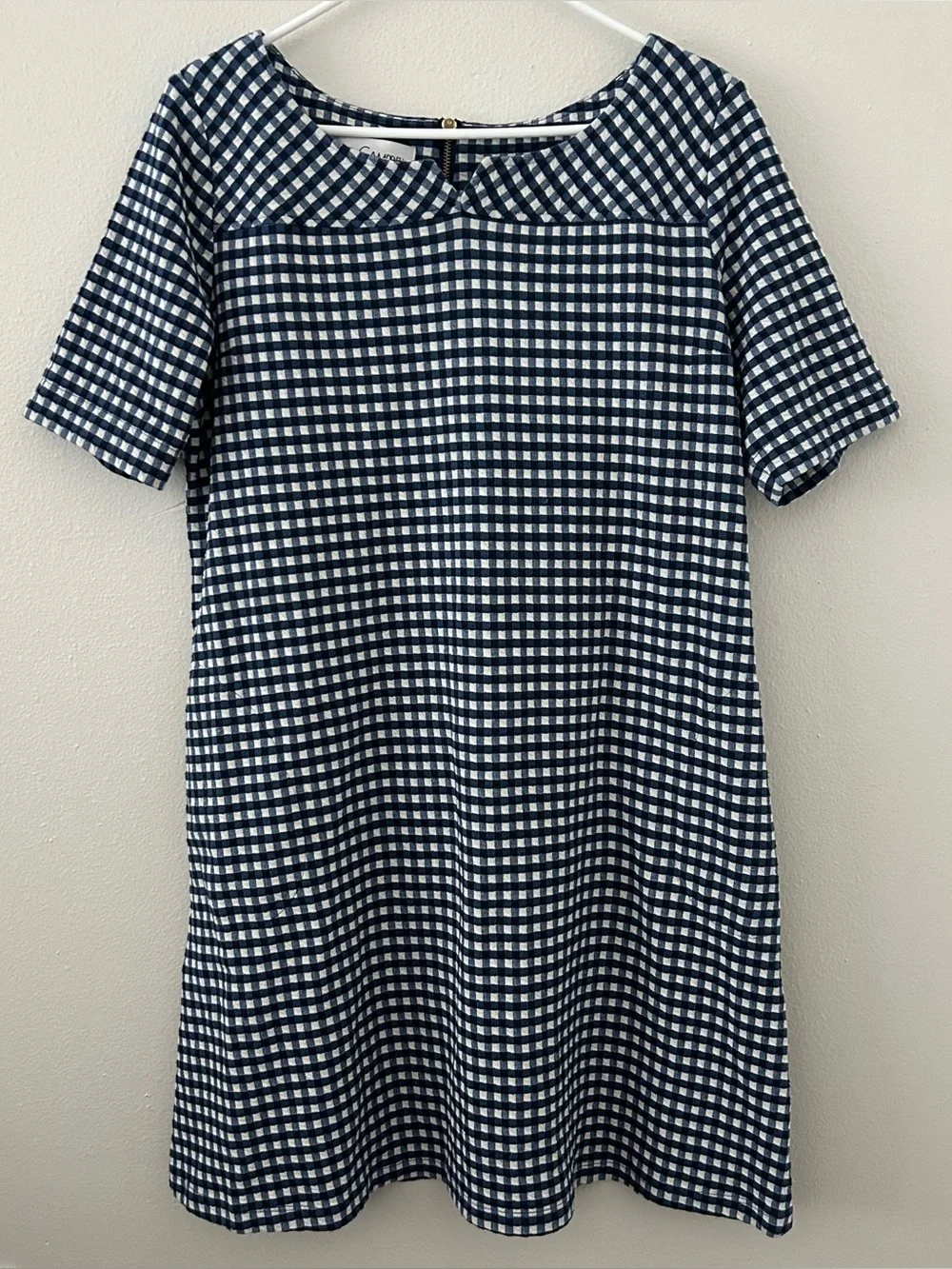Sara Campbell Blue White Gingham Check Shift Dress Womens Size L Preppy Classic